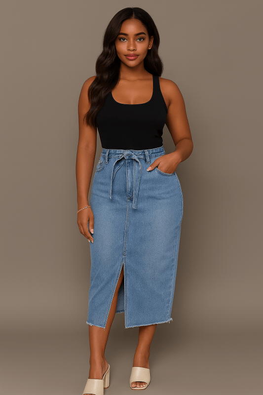 Women’s Tied Front Slit Denim Skirt - ShalayeFashion