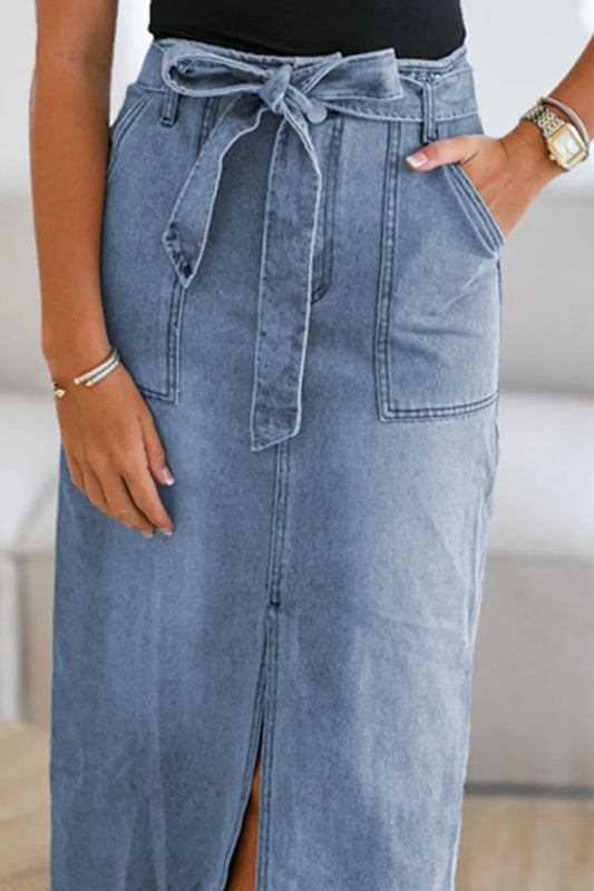 Women’s Tied Front Slit Denim Skirt - ShalayeFashion