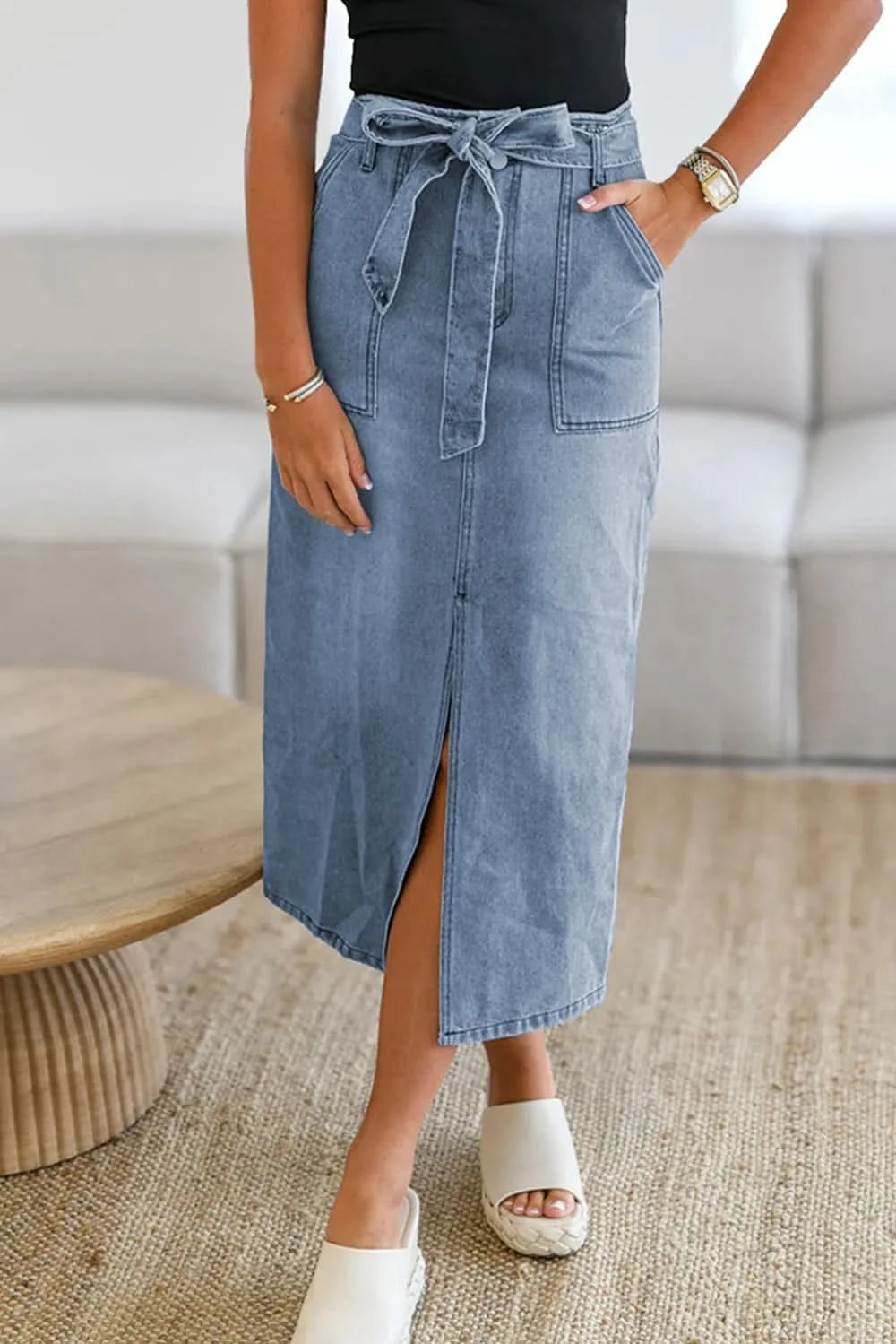 Women’s Tied Front Slit Denim Skirt - ShalayeFashion