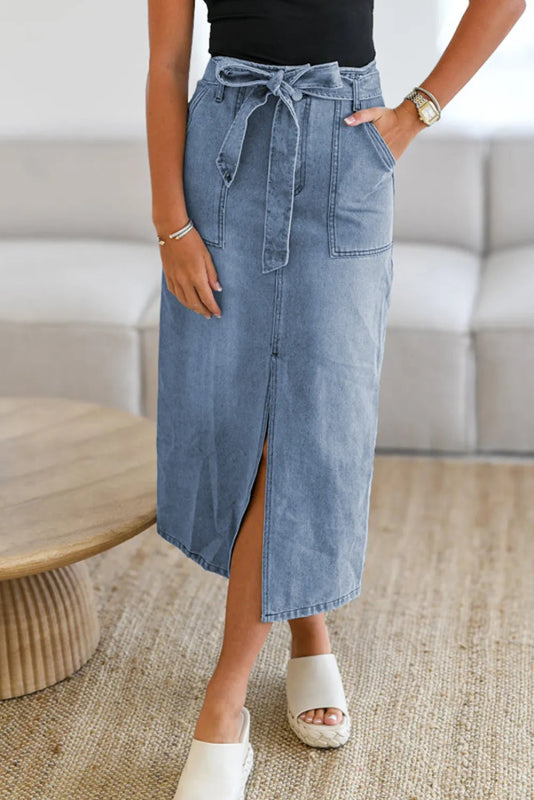 Women’s Tied Front Slit Denim Skirt - ShalayeFashion