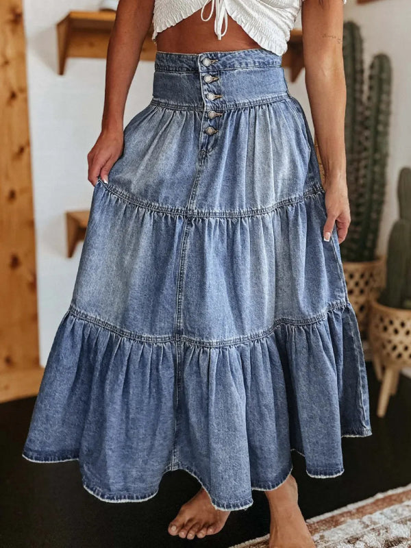 Women’s Tiered Button Fly Denim Skirt - ShalayeFashion