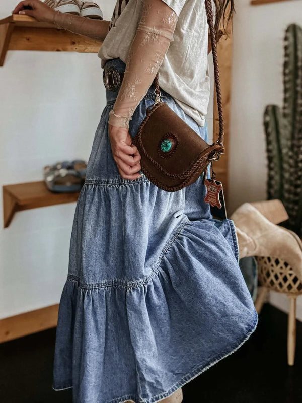 Women’s Tiered Button Fly Denim Skirt - ShalayeFashion