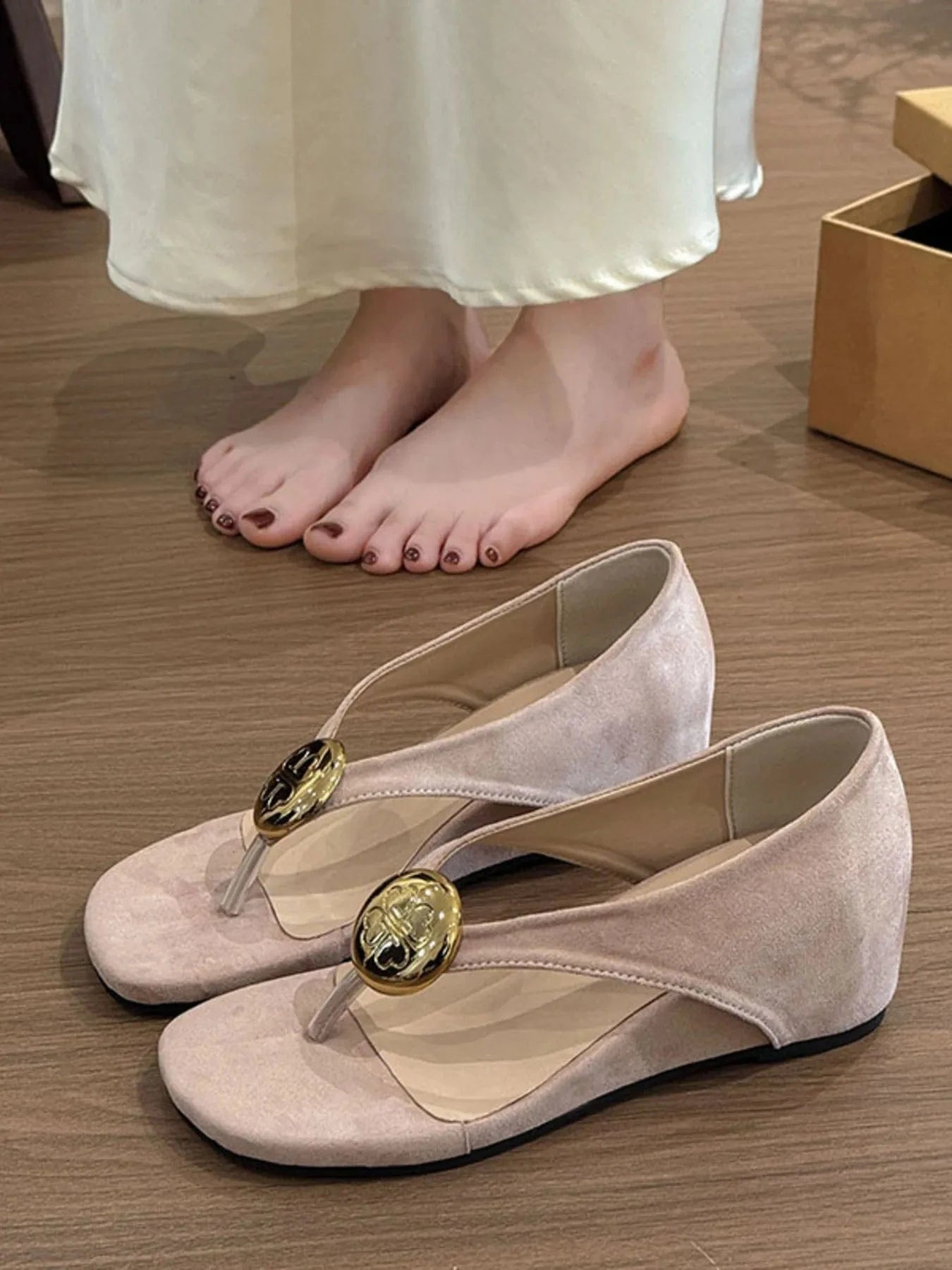 Women's Toe Post Wedge Sandals Mid Heel - ShalayeFashion