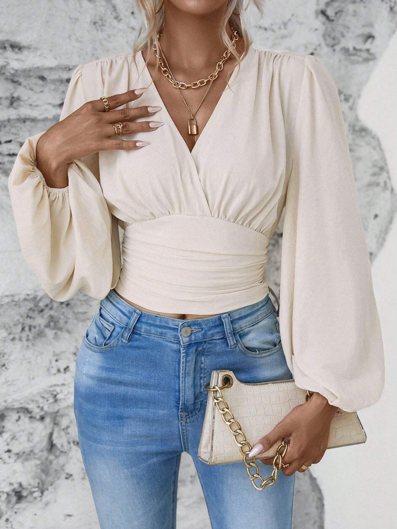 Women’s V - Neck Pleated Long Sleeve Top - ShalayeFashion