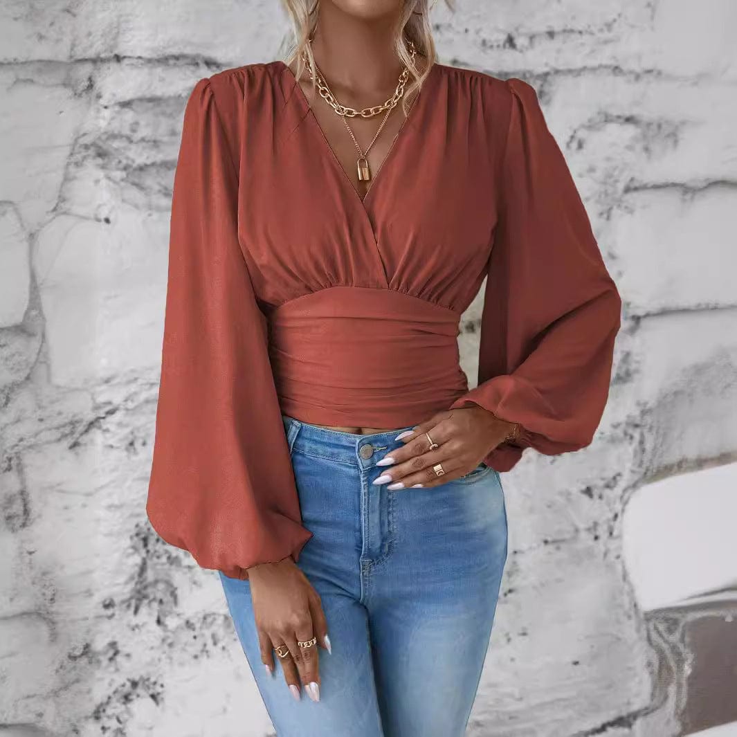 Women’s V - Neck Pleated Long Sleeve Top - ShalayeFashion