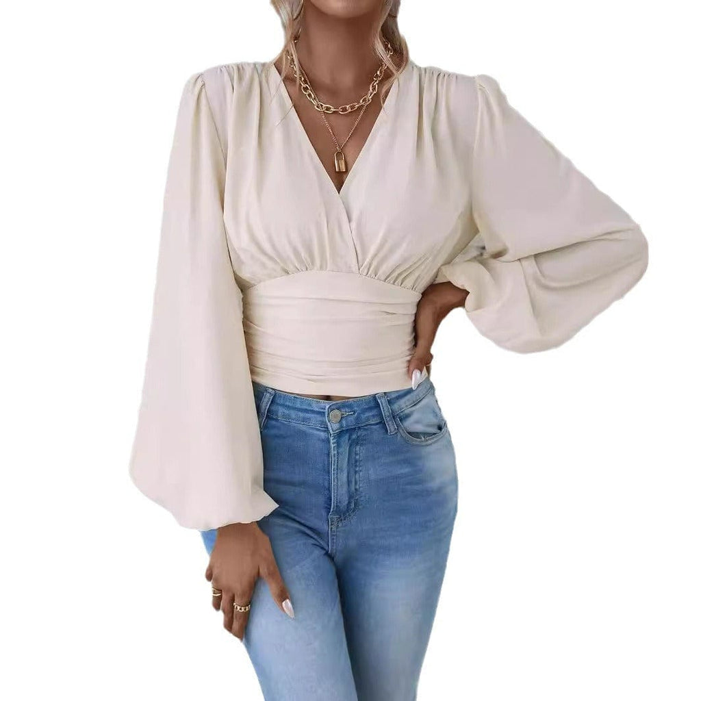 Women’s V - Neck Pleated Long Sleeve Top - ShalayeFashion