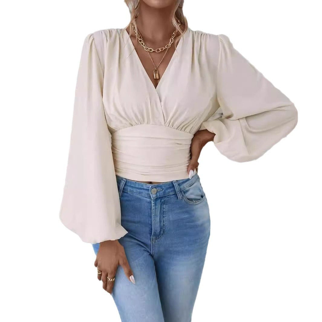 Women’s V - Neck Pleated Long Sleeve Top - ShalayeFashion