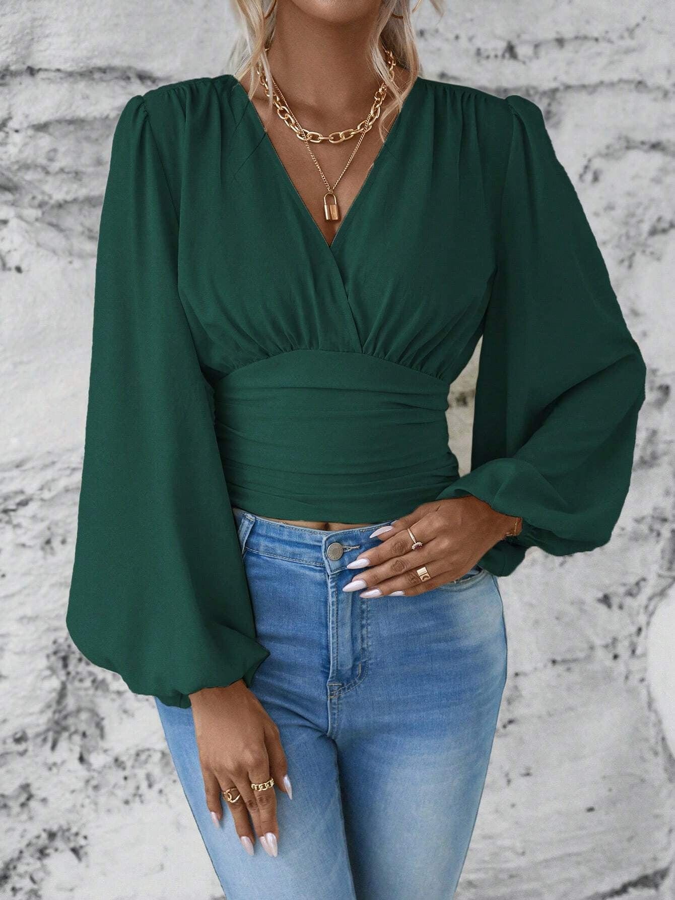 Women’s V - Neck Pleated Long Sleeve Top - ShalayeFashion