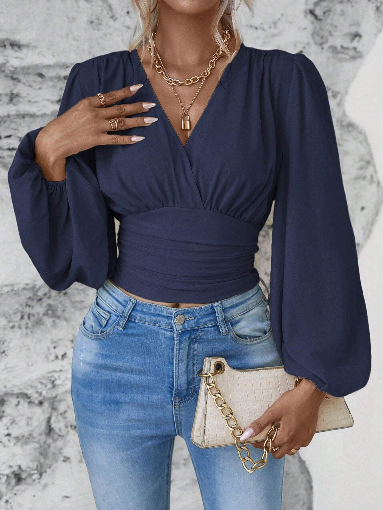 Women’s V - Neck Pleated Long Sleeve Top - ShalayeFashion