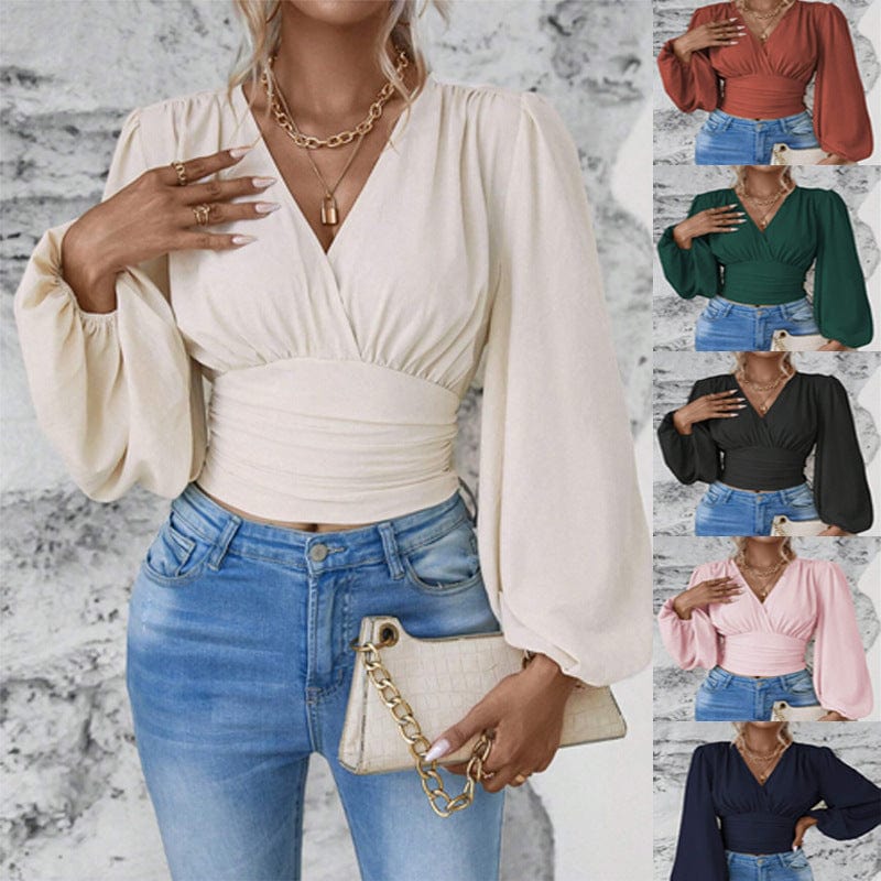 Women’s V - Neck Pleated Long Sleeve Top - ShalayeFashion