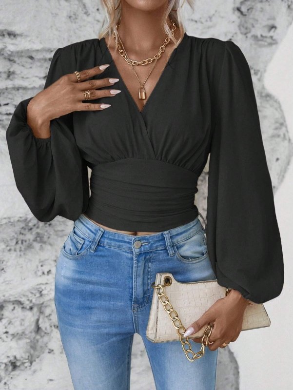 Women’s V - Neck Pleated Long Sleeve Top - ShalayeFashion