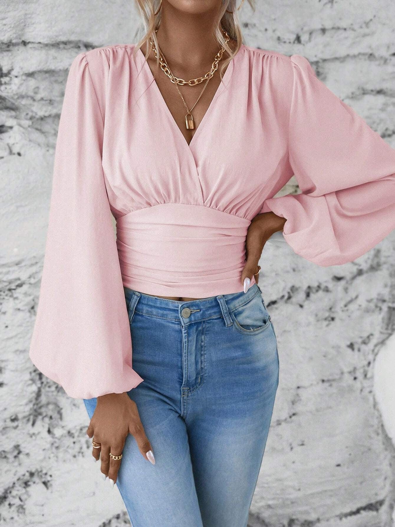 Women’s V - Neck Pleated Long Sleeve Top - ShalayeFashion