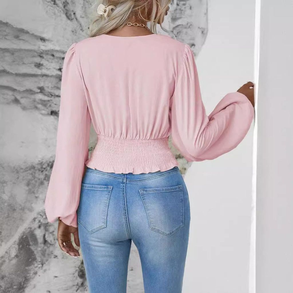 Women’s V - Neck Pleated Long Sleeve Top - ShalayeFashion
