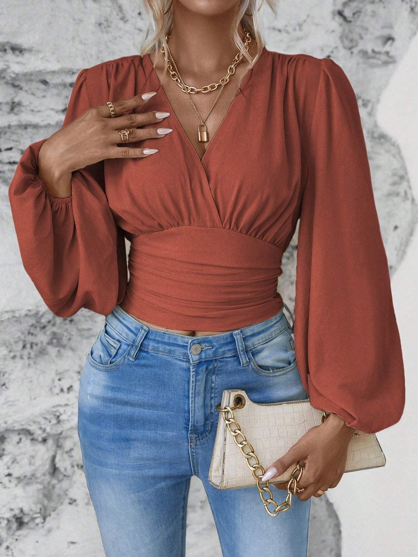 Women’s V - Neck Pleated Long Sleeve Top - ShalayeFashion