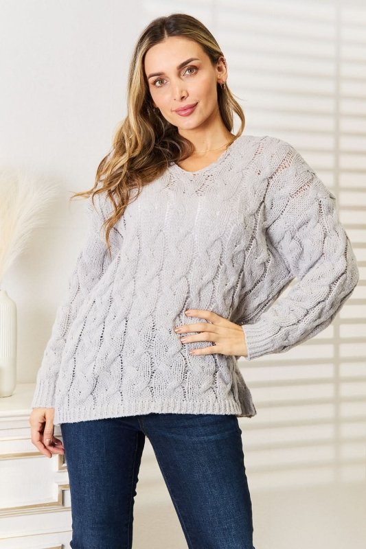 Woven Right Cable - Knit Hooded Sweater - ShalayeFashion
