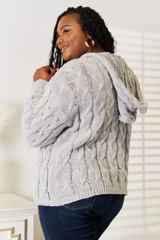 Woven Right Cable - Knit Hooded Sweater - ShalayeFashion