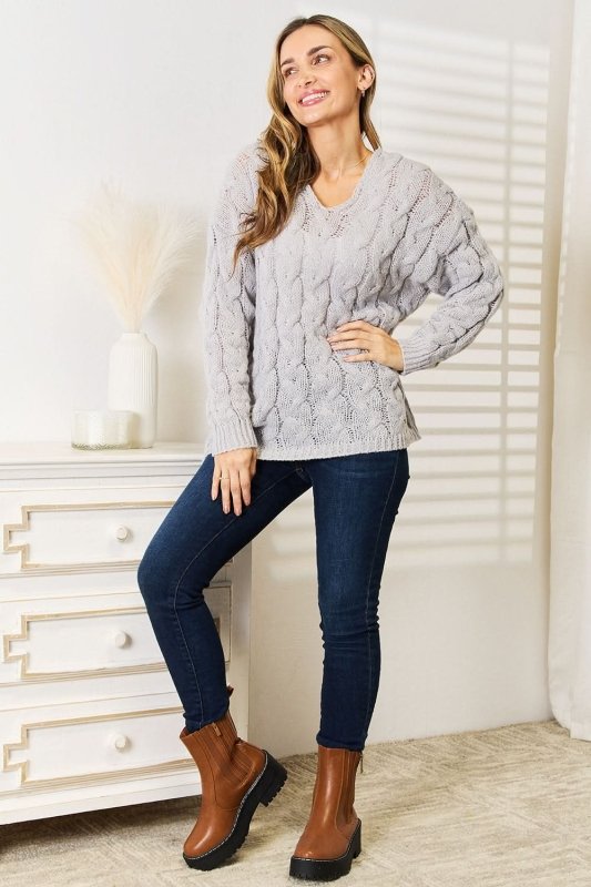 Woven Right Cable - Knit Hooded Sweater - ShalayeFashion