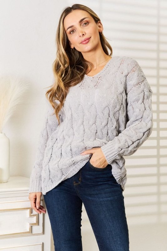 Woven Right Cable - Knit Hooded Sweater - ShalayeFashion