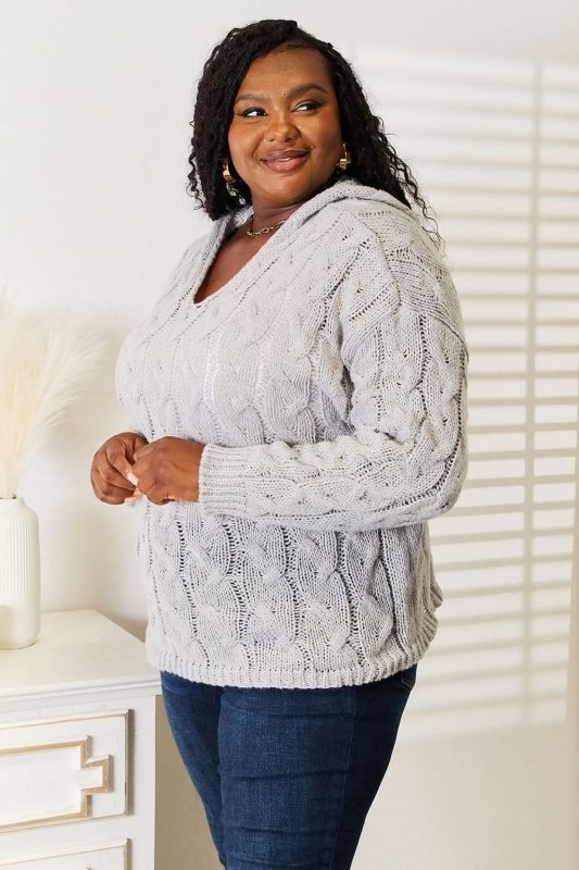 Woven Right Cable - Knit Hooded Sweater - ShalayeFashion