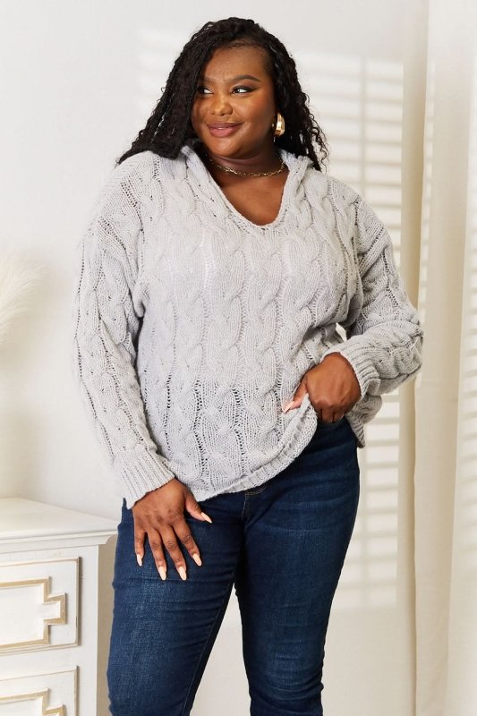 Woven Right Cable - Knit Hooded Sweater - ShalayeFashion