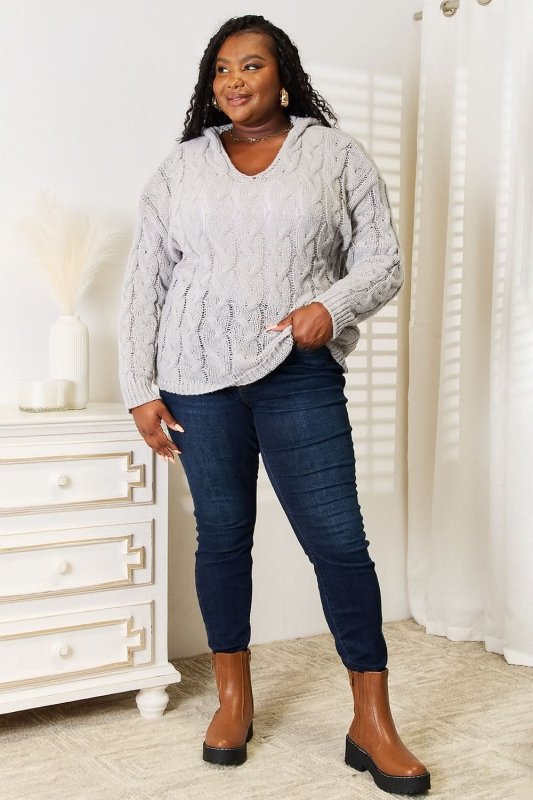 Woven Right Cable - Knit Hooded Sweater - ShalayeFashion