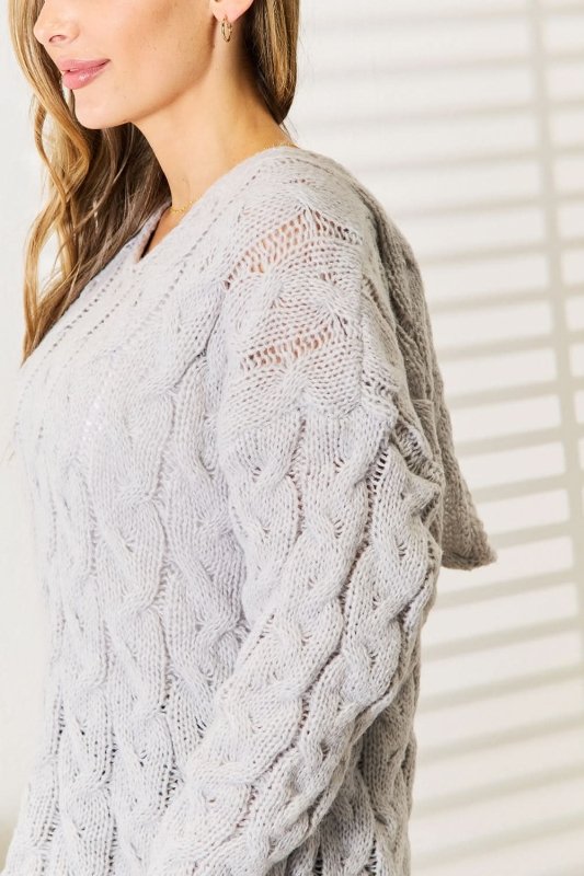 Woven Right Cable - Knit Hooded Sweater - ShalayeFashion