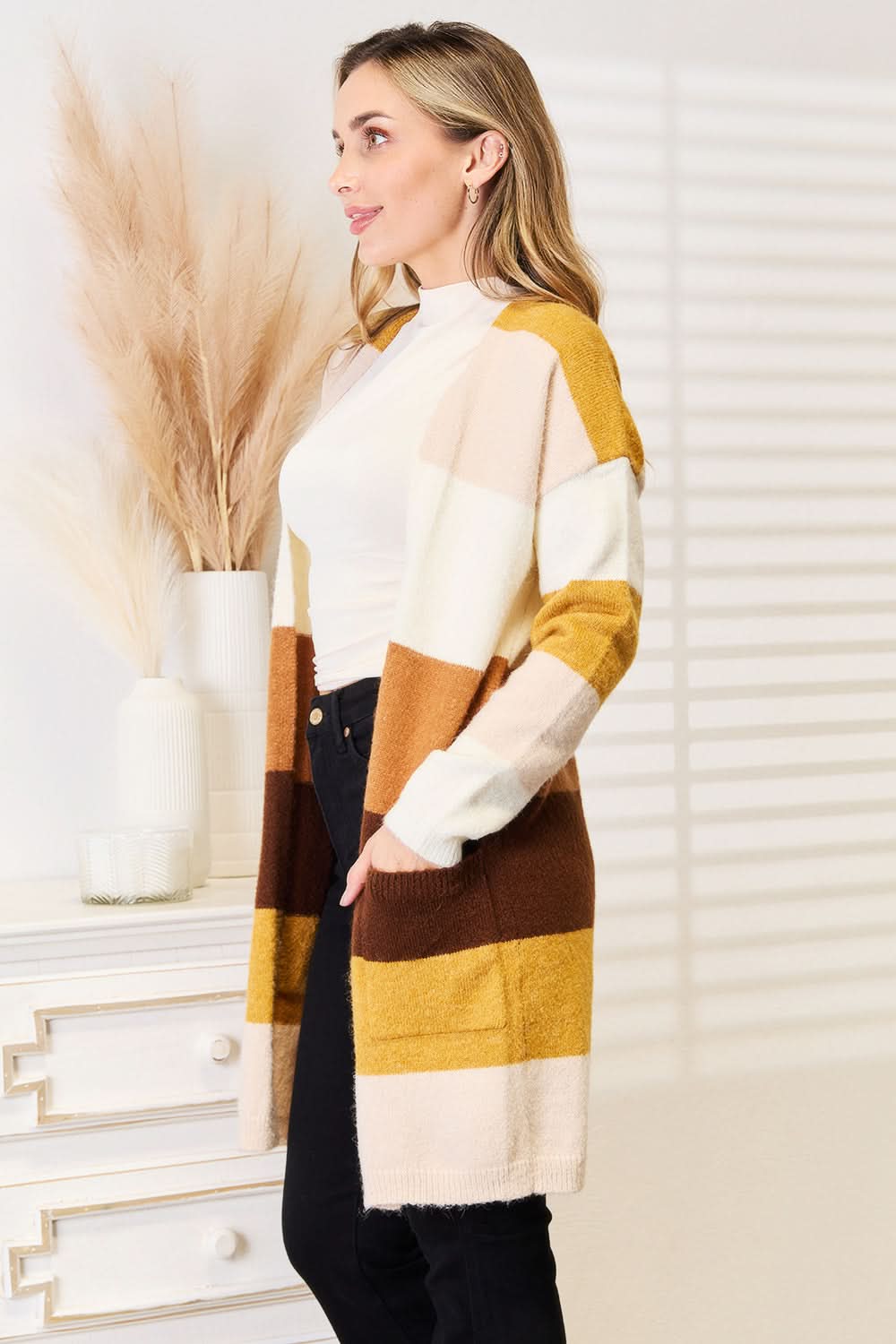 Woven Right Color Block Dropped Shoulder Cardigan - ShalayeFashion