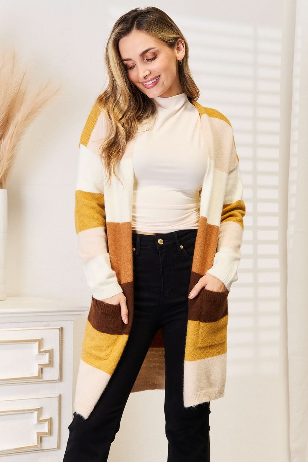 Woven Right Color Block Dropped Shoulder Cardigan - ShalayeFashion