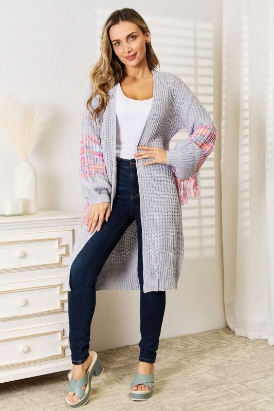 Woven Right Fringe Sleeve Dropped Shoulder Cardigan - ShalayeFashion