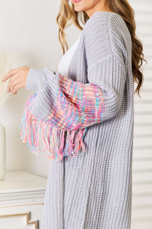 Woven Right Fringe Sleeve Dropped Shoulder Cardigan - ShalayeFashion