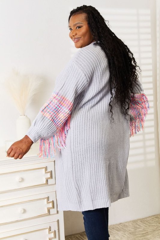 Woven Right Fringe Sleeve Dropped Shoulder Cardigan - ShalayeFashion