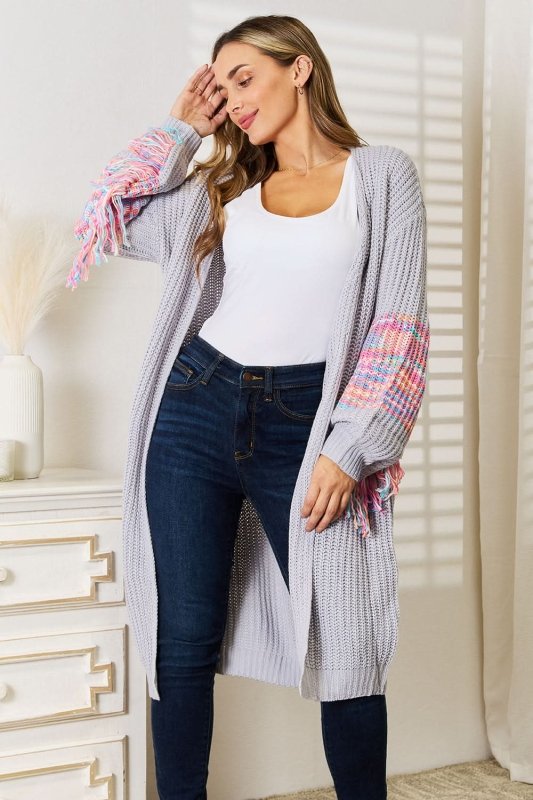 Woven Right Fringe Sleeve Dropped Shoulder Cardigan - ShalayeFashion