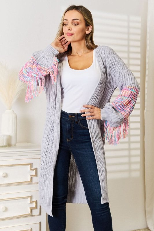 Woven Right Fringe Sleeve Dropped Shoulder Cardigan - ShalayeFashion