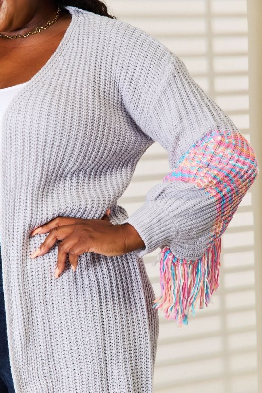 Woven Right Fringe Sleeve Dropped Shoulder Cardigan - ShalayeFashion
