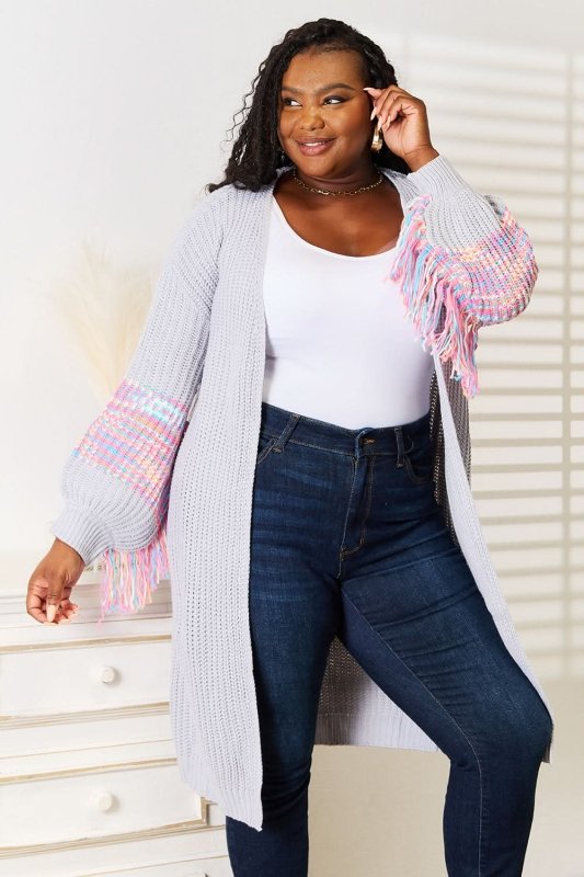 Woven Right Fringe Sleeve Dropped Shoulder Cardigan - ShalayeFashion