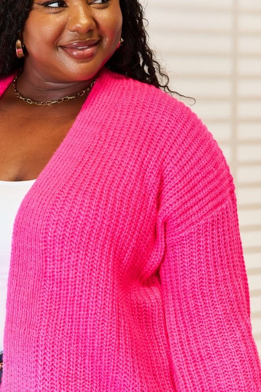 Woven Right Rib - Knit Open Front Drop Shoulder Cardigan - ShalayeFashion