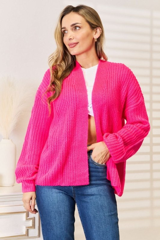 Woven Right Rib - Knit Open Front Drop Shoulder Cardigan - ShalayeFashion