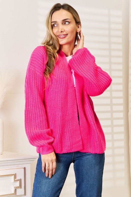 Woven Right Rib - Knit Open Front Drop Shoulder Cardigan - ShalayeFashion