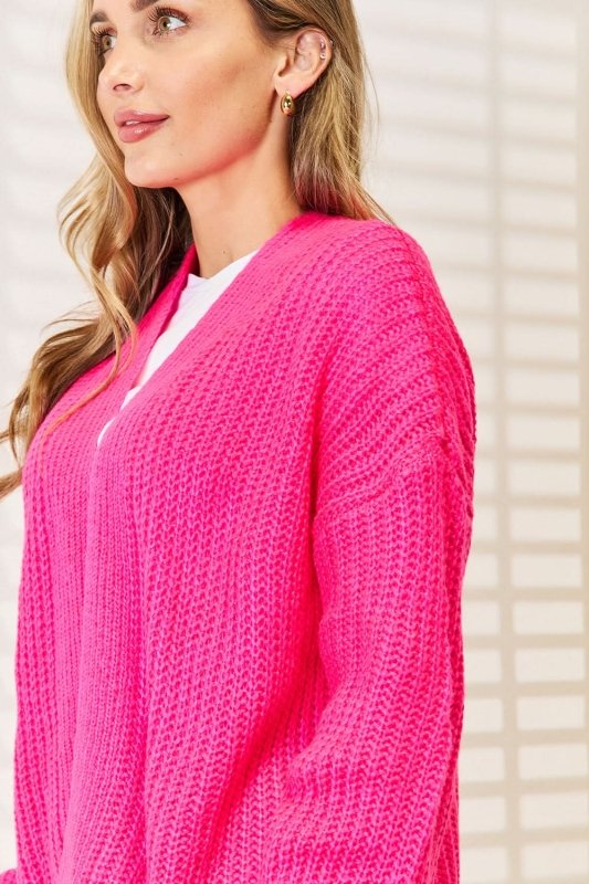 Woven Right Rib - Knit Open Front Drop Shoulder Cardigan - ShalayeFashion