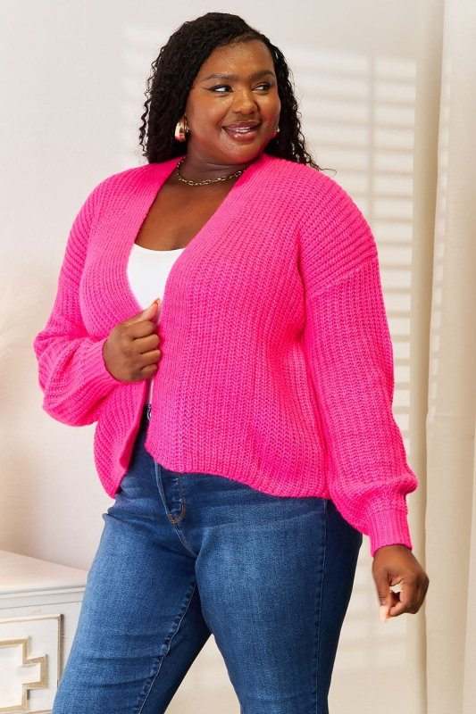 Woven Right Rib - Knit Open Front Drop Shoulder Cardigan - ShalayeFashion