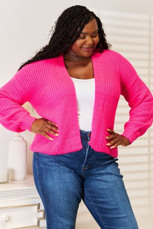 Woven Right Rib - Knit Open Front Drop Shoulder Cardigan - ShalayeFashion