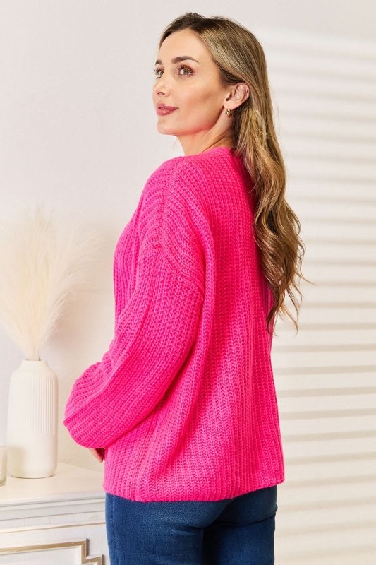 Woven Right Rib - Knit Open Front Drop Shoulder Cardigan - ShalayeFashion