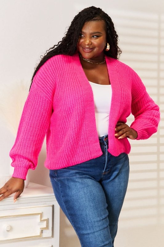 Woven Right Rib - Knit Open Front Drop Shoulder Cardigan - ShalayeFashion