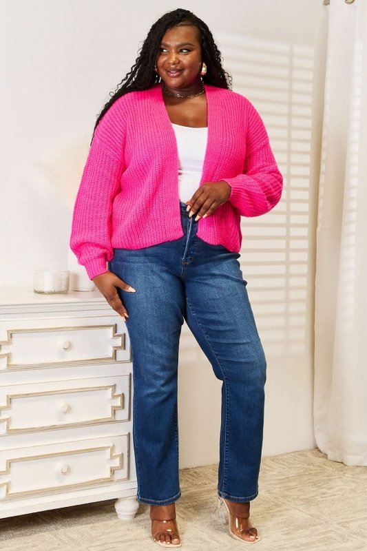Woven Right Rib - Knit Open Front Drop Shoulder Cardigan - ShalayeFashion