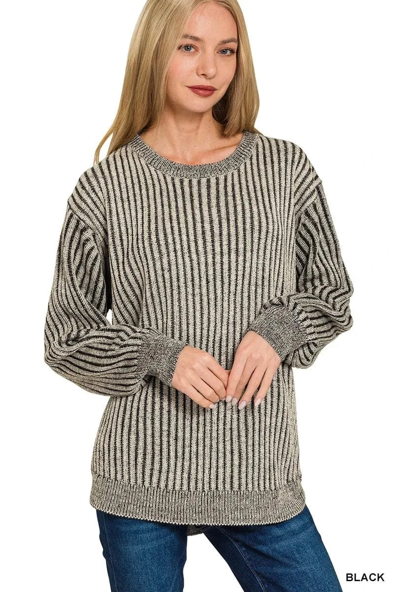 Zenana Curved Hem Two - Tone Ribbed Sweater - ShalayeFashion