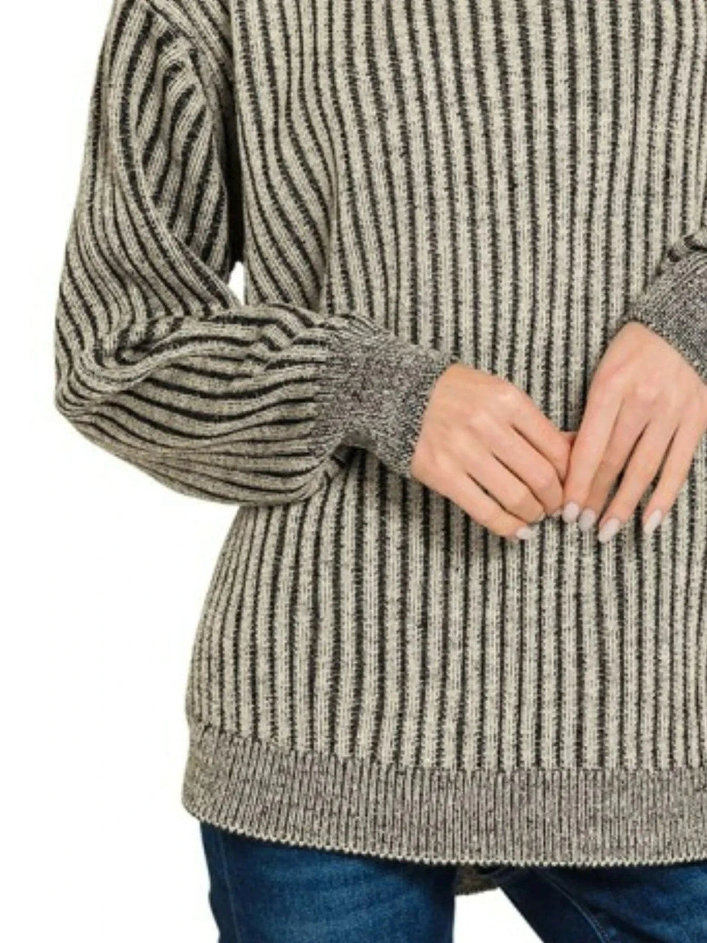 Zenana Curved Hem Two - Tone Ribbed Sweater - ShalayeFashion