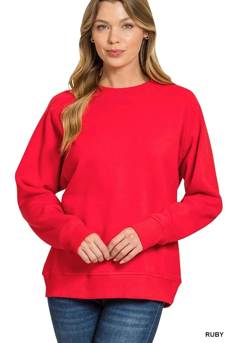 Zenana Fleece Round Neck Ribbed Side Raglan Sweatshirt - ShalayeFashion