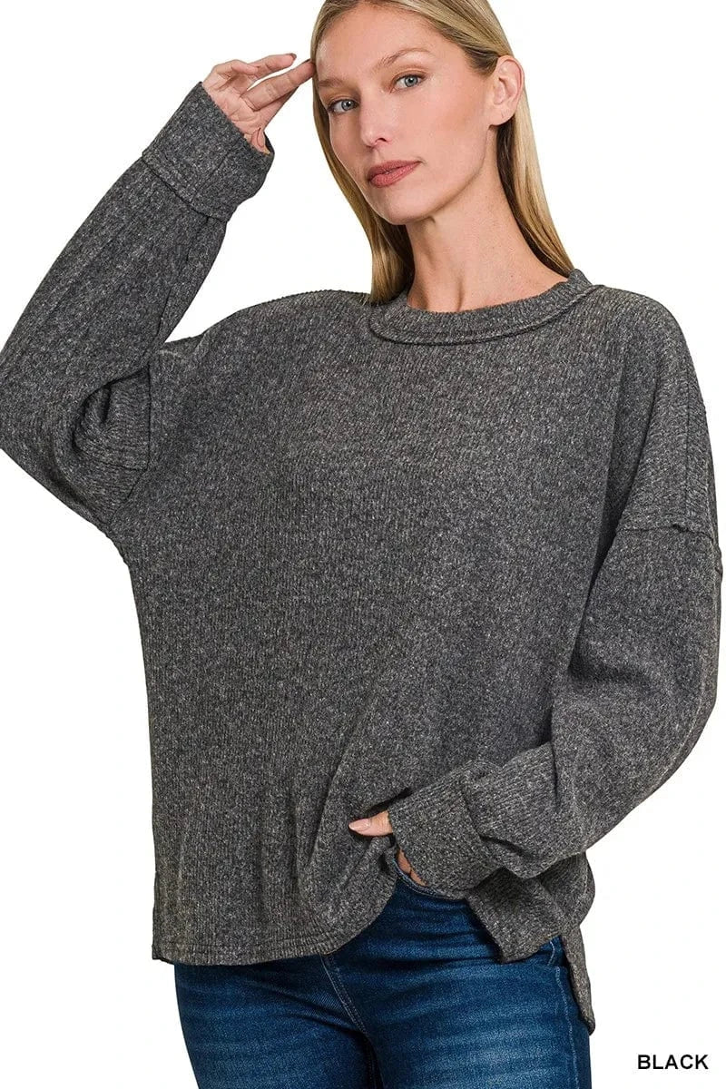 Zenana Full Size Brushed Ribbed Hacci Drop Shoulder Sweater Plus Size - ShalayeFashion