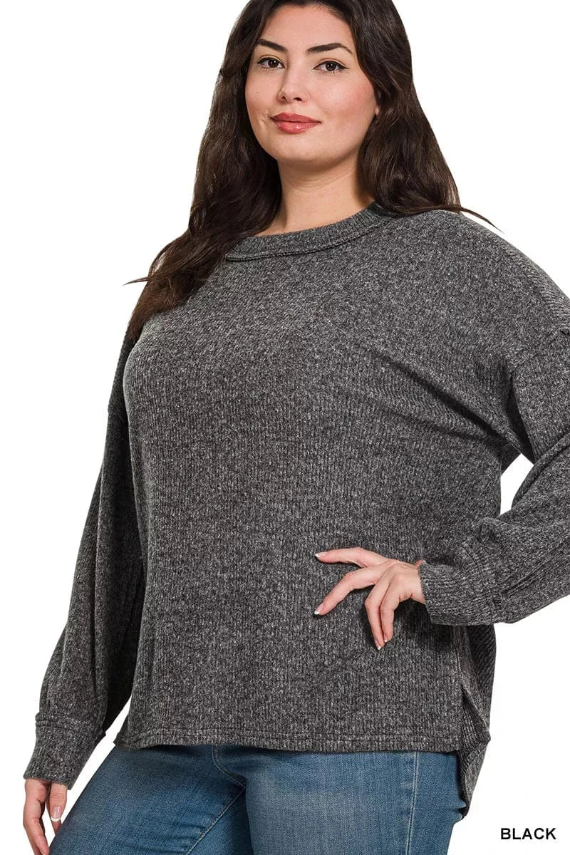 Zenana Full Size Brushed Ribbed Hacci Drop Shoulder Sweater Plus Size - ShalayeFashion