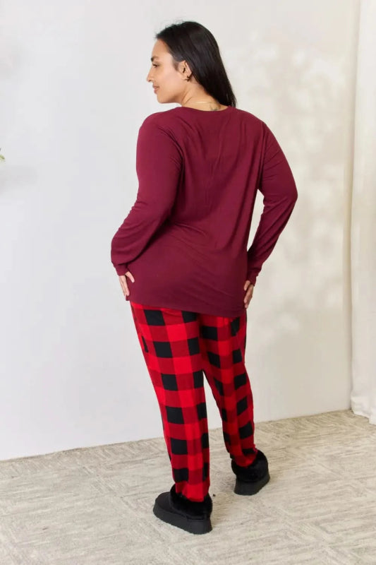 Zenana Full Size Plaid Round Neck Top and Pants Pajama Set - ShalayeFashion